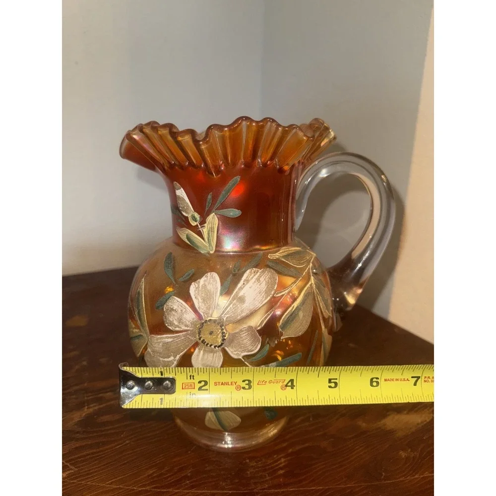 Fenton Marigold Carnival Glass Lotus Water Pitcher and 5 Glasses Set Vintage